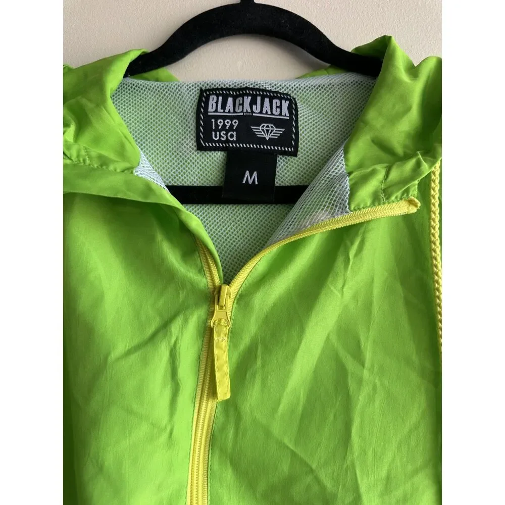 BlackJack 1999 USA Neon Colorblock Hooded Windbreaker Jacket Medium Retro 90s